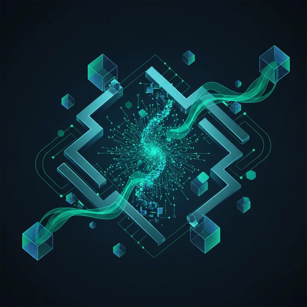 Ilustración conceptual de automatización IA en compliance empresarial con elementos geométricos y flujos digitales