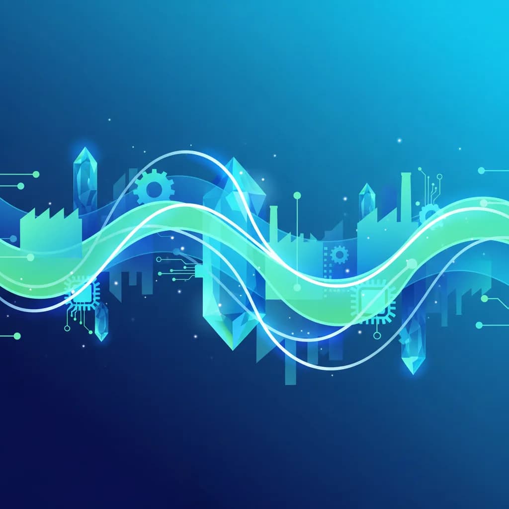 Ilustración conceptual de IA explicable para eficiencia energética industrial con formas geométricas conectadas