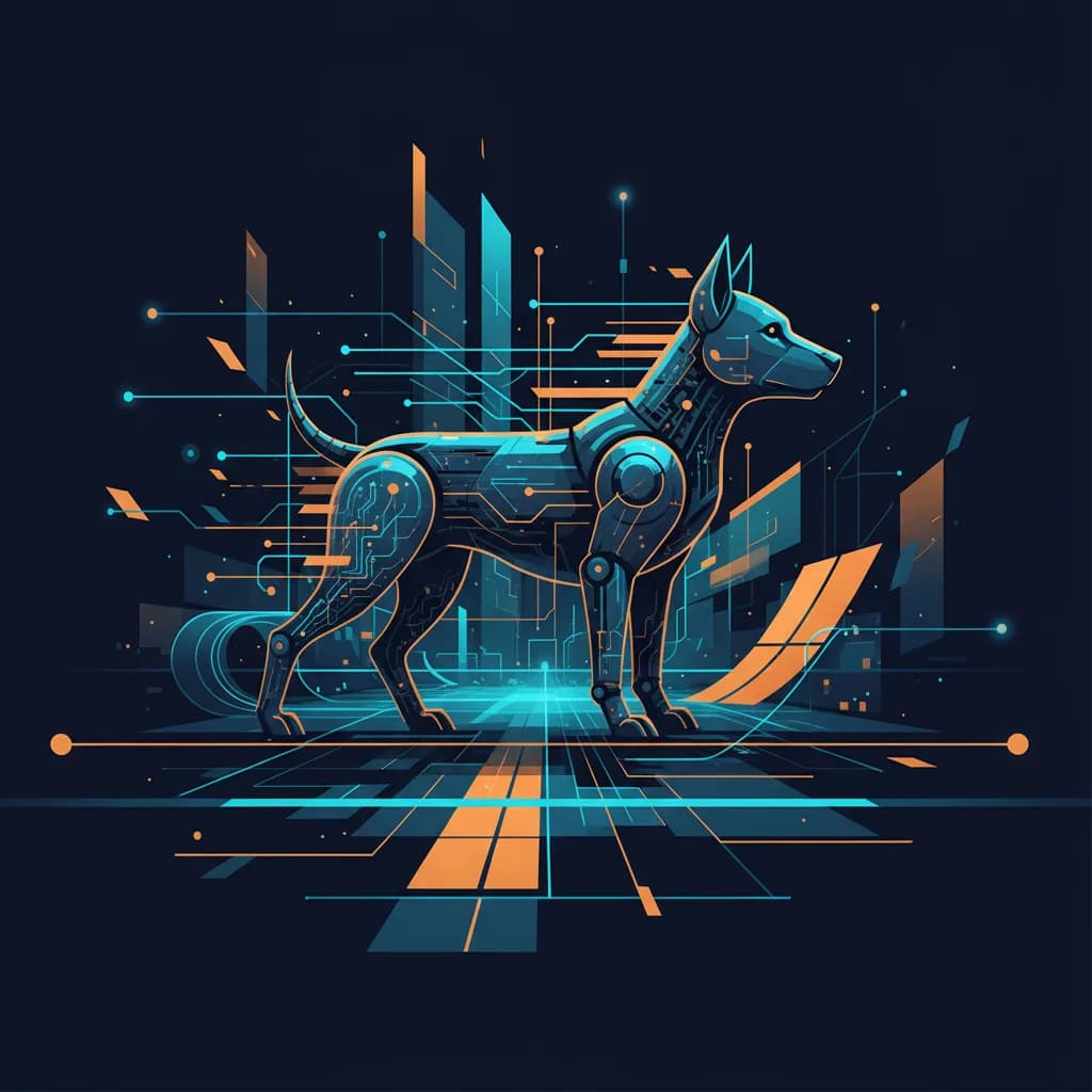 Ilustración abstracta de perro robótico con patrones de IA representando innovación en transporte para discapacidad visual