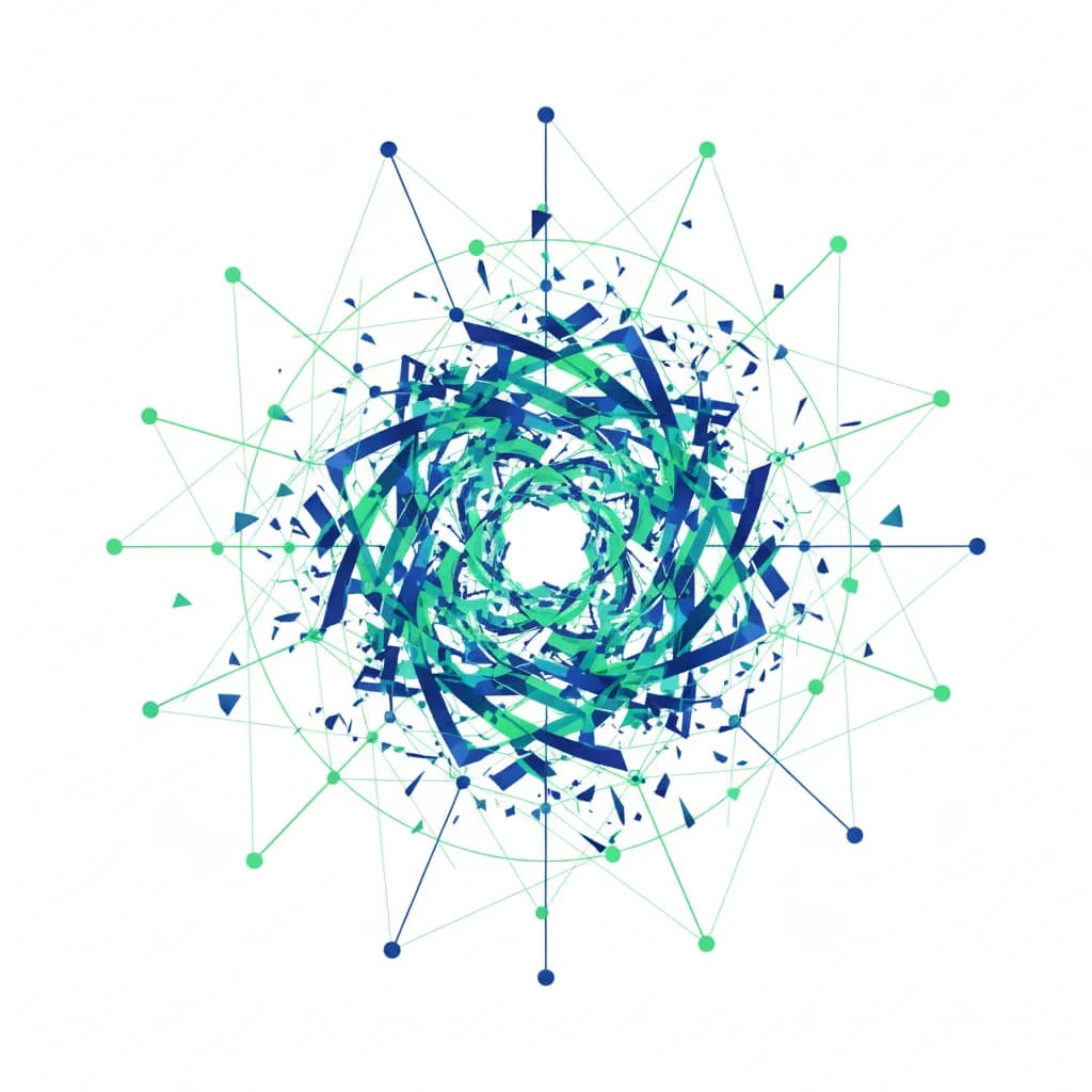 Ilustración abstracta de transformación digital con formas geométricas dinámicas en azul y verde representando IA