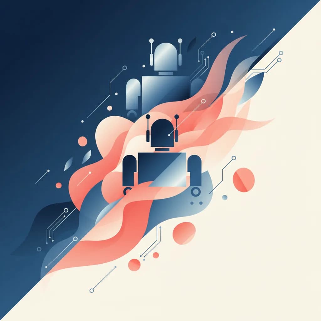 Ilustración conceptual de robots cuidadores de ancianos en Japón con formas geométricas y colores modernos