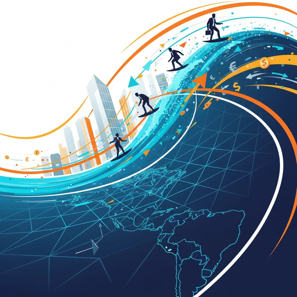 Ilustración conceptual de profesionales navegando olas digitales hacia empresas globales, representando éxito laboral