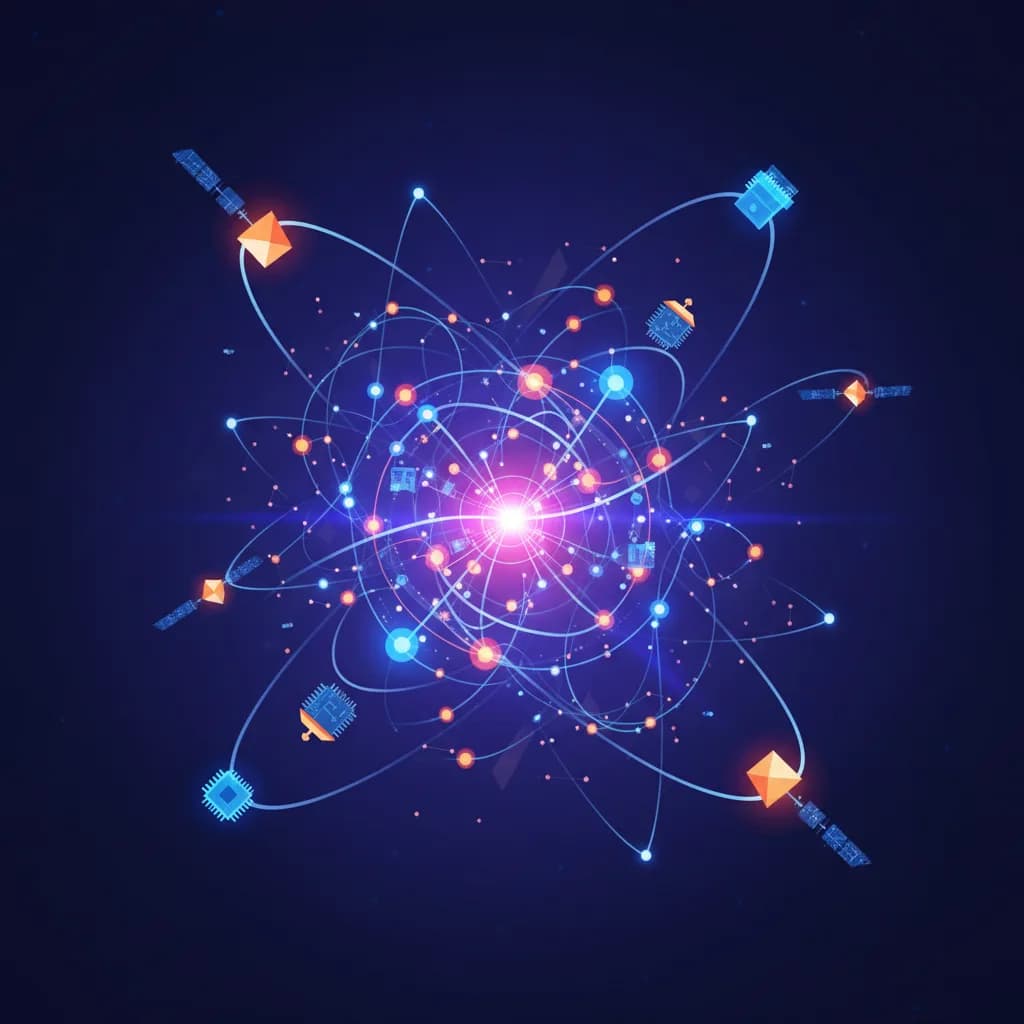 Ilustración abstracta de redes neuronales y satélites procesando datos en órbita terrestre con colores vibrantes