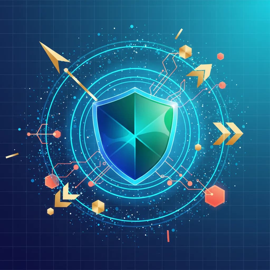Ilustración abstracta de validación de identidad digital con formas geométricas en azul y verde representando seguridad