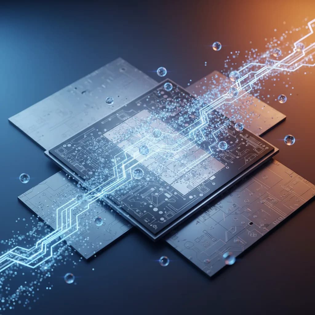 Ilustración abstracta de átomos de helio y chips semiconductores representando innovación en litografía