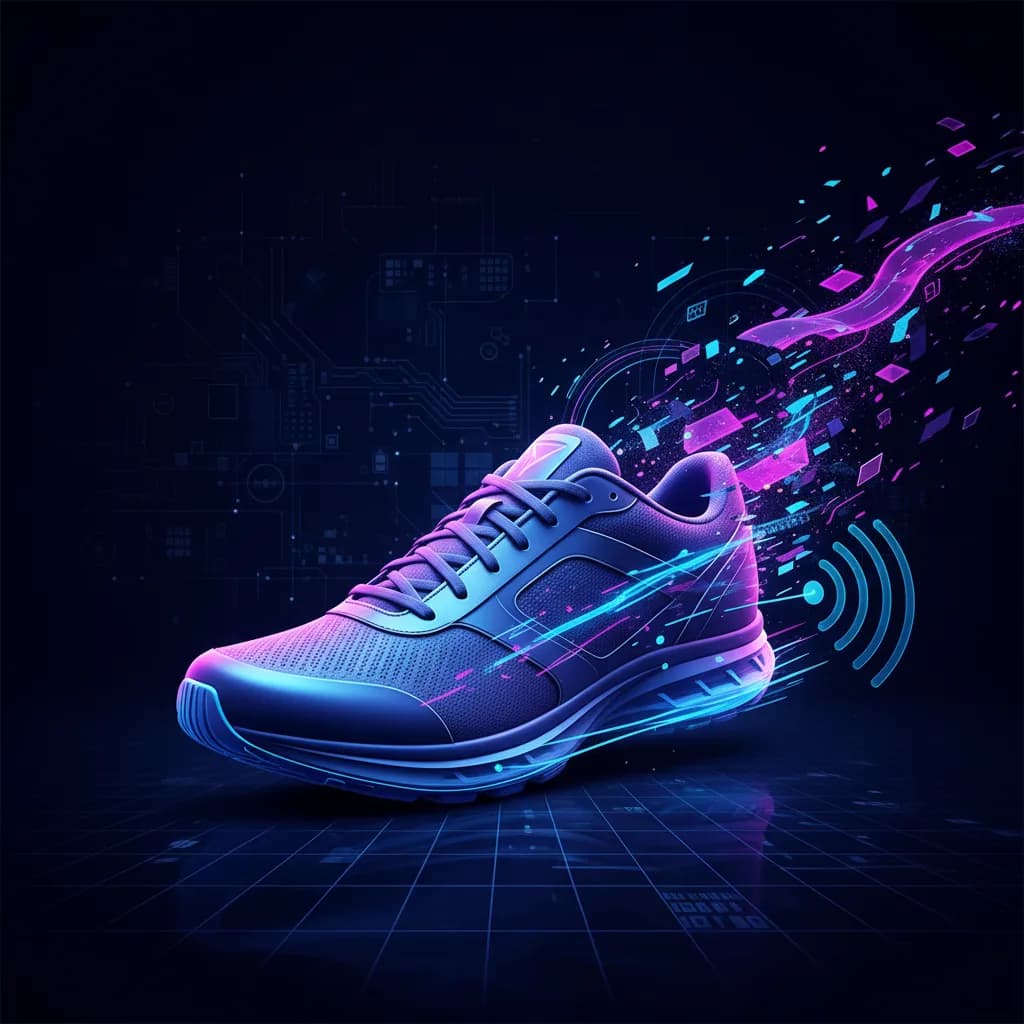 Ilustración conceptual de calzado inteligente conectado con elementos digitales y tecnológicos para wearables