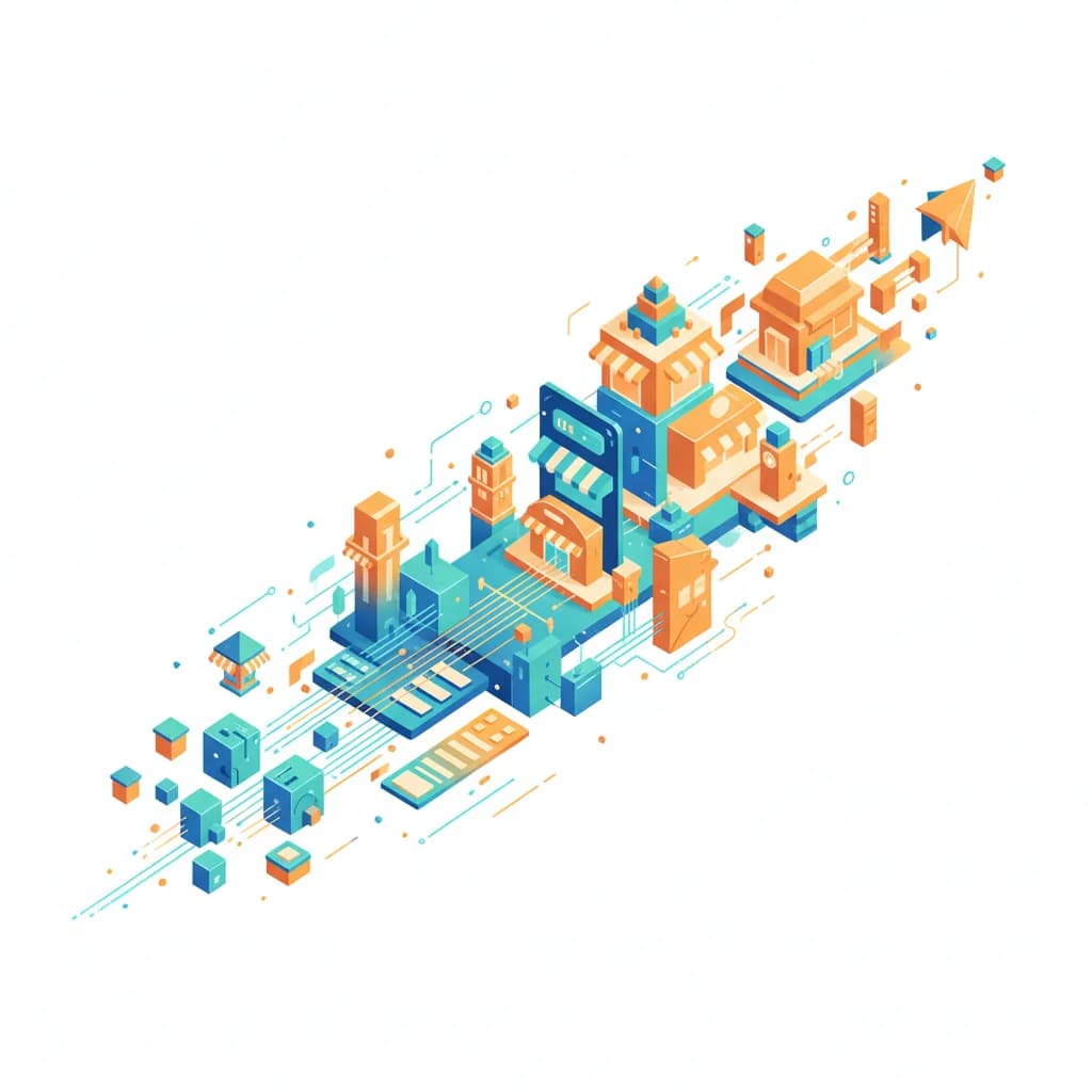 Ilustración abstracta de crecimiento empresarial y transformación omnicanal con formas geométricas interconectadas