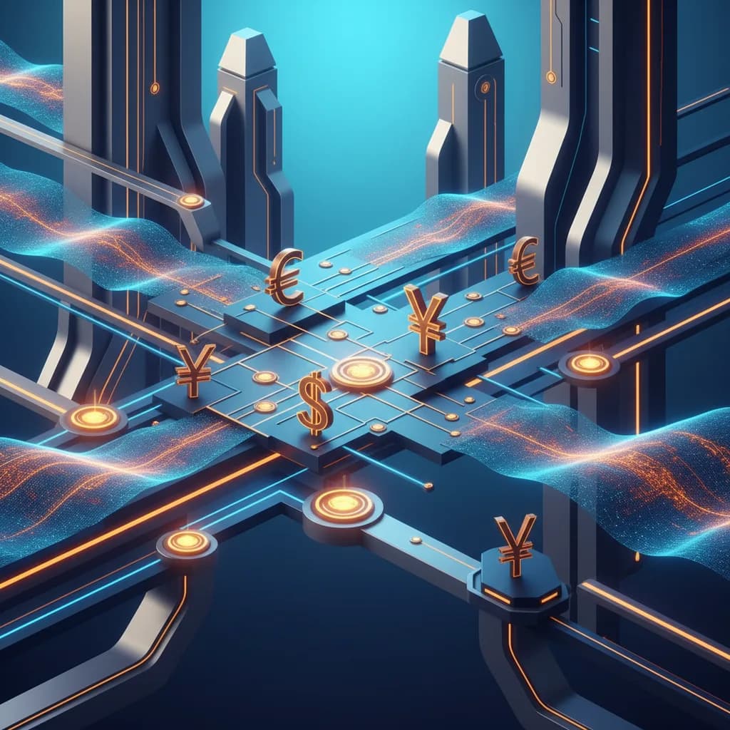 Ilustración abstracta de circuitos digitales transformándose en flujos de pagos con elementos geométricos modernos
