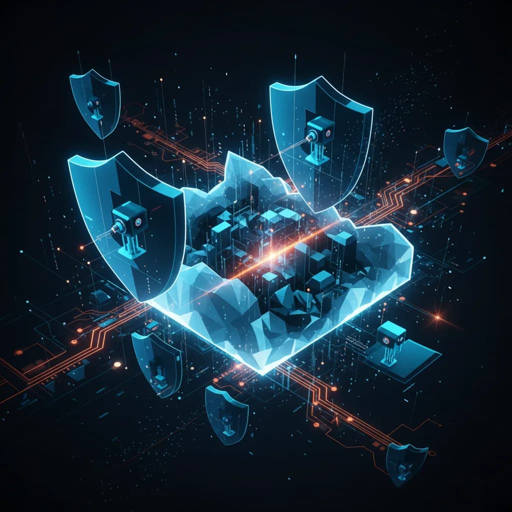 Ilustración abstracta de agentes de IA autónomos para seguridad y operaciones en la nube con formas geométricas