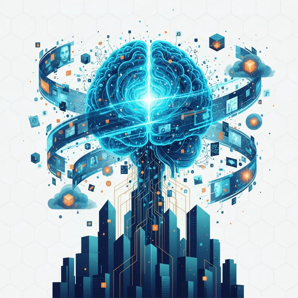 Ilustración abstracta de inteligencia artificial empresarial con redes neuronales y conexiones de memoria