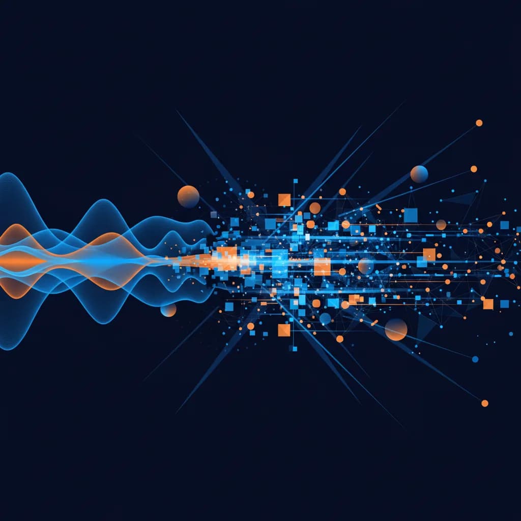 Ilustración abstracta de ondas sonoras transformándose en flujos de datos digitales con gradientes azul y naranja