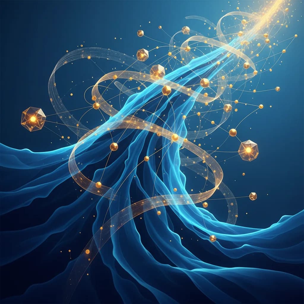 Ilustración abstracta de ondas geométricas azules transformándose en red neuronal dorada, inteligencia artificial