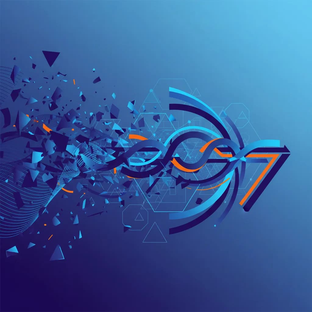 Ilustración abstracta con patrones geométricos fluidos en azules y naranjas representando IA y transformación digital