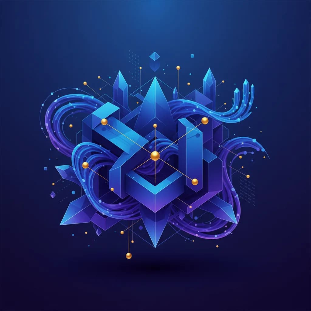 Ilustración abstracta de redes geométricas interconectadas representando verificación formal de IA en negocios