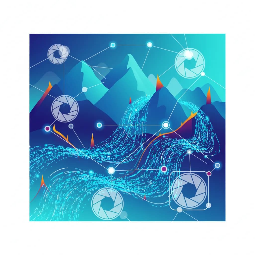 Ilustración editorial abstracta con montañas geométricas y flujos de datos digitales representando IA en turismo