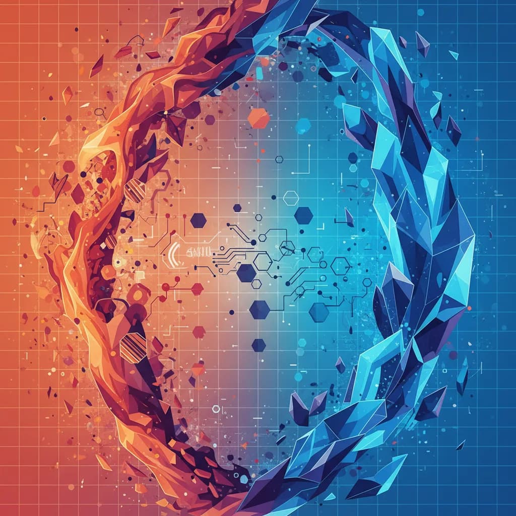 Ilustración abstracta mostrando transformación de datos caóticos a estructuras deterministas con gradientes coloridos
