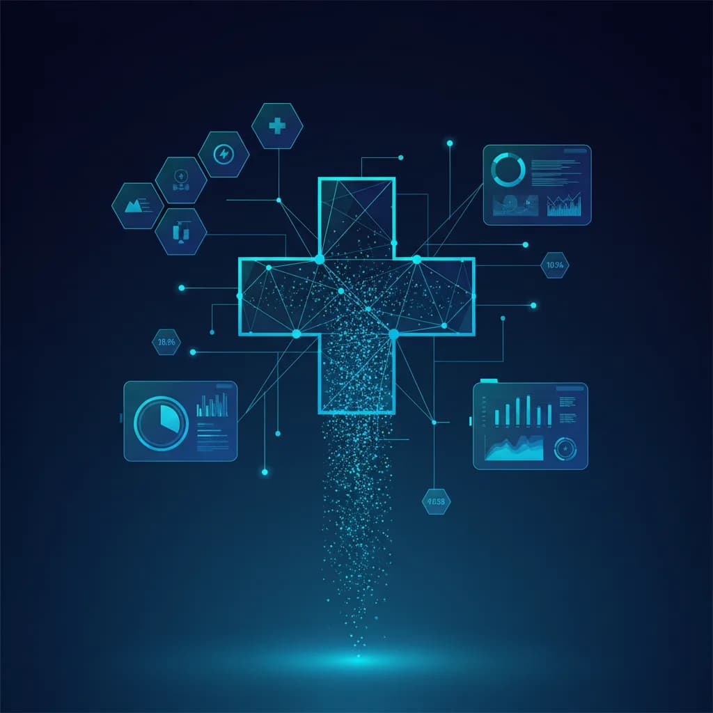 Ilustración abstracta de redes neuronales AI monitoreando procesos hospitalarios con elementos geométricos azules