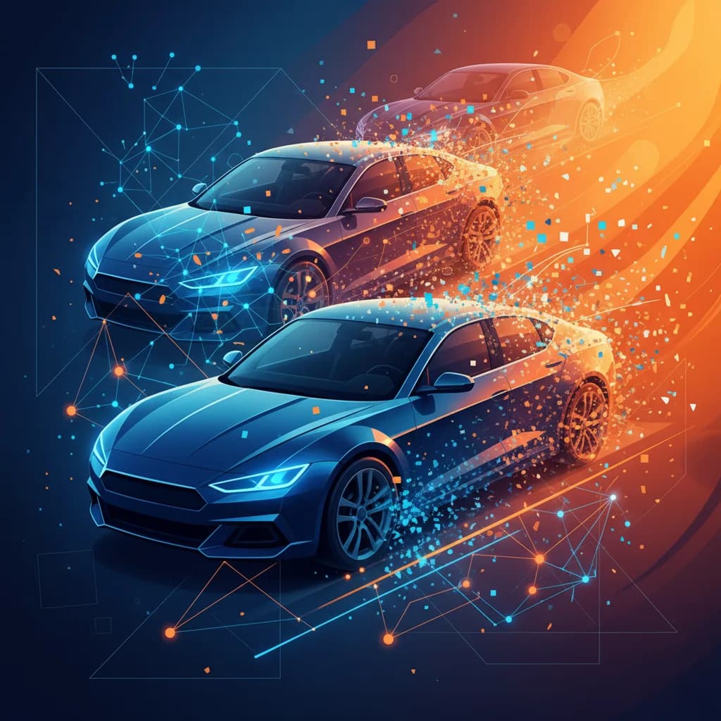 Ilustración abstracta de vehículos transformándose en elementos digitales, representando IA en marketing automotriz