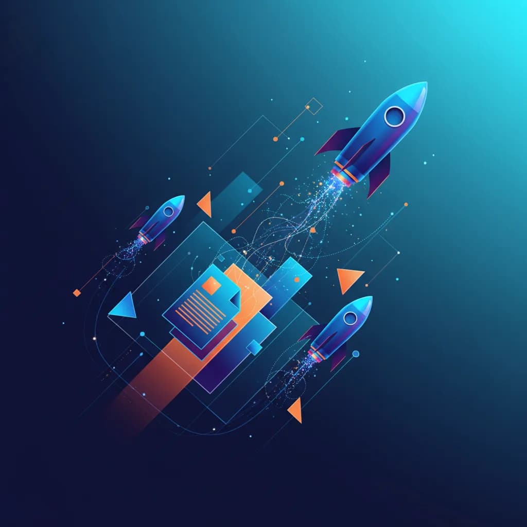 Ilustración abstracta de documentos transformándose en cohetes con flujos de datos luminosos en colores vibrantes