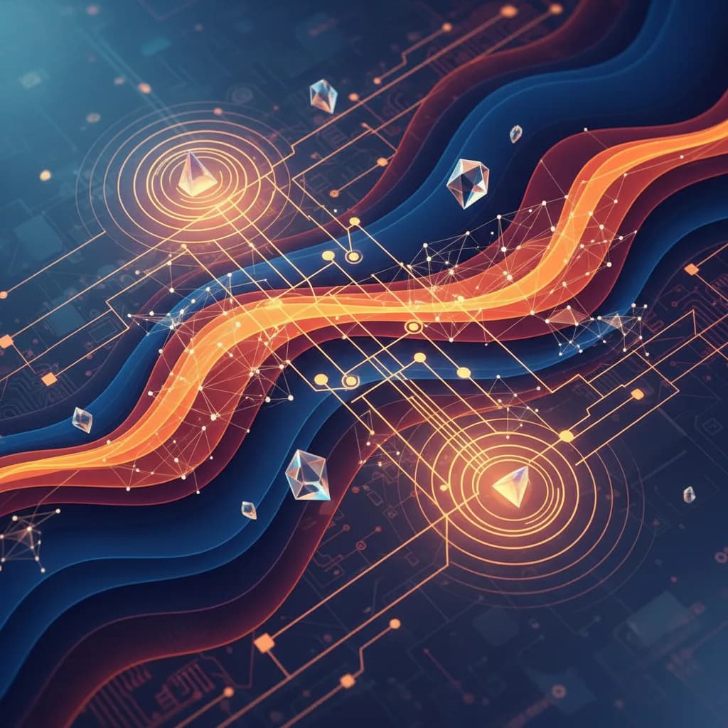 Ilustración abstracta de ondas sísmicas transformándose en redes neuronales distribuidas en AWS SageMaker HyperPod