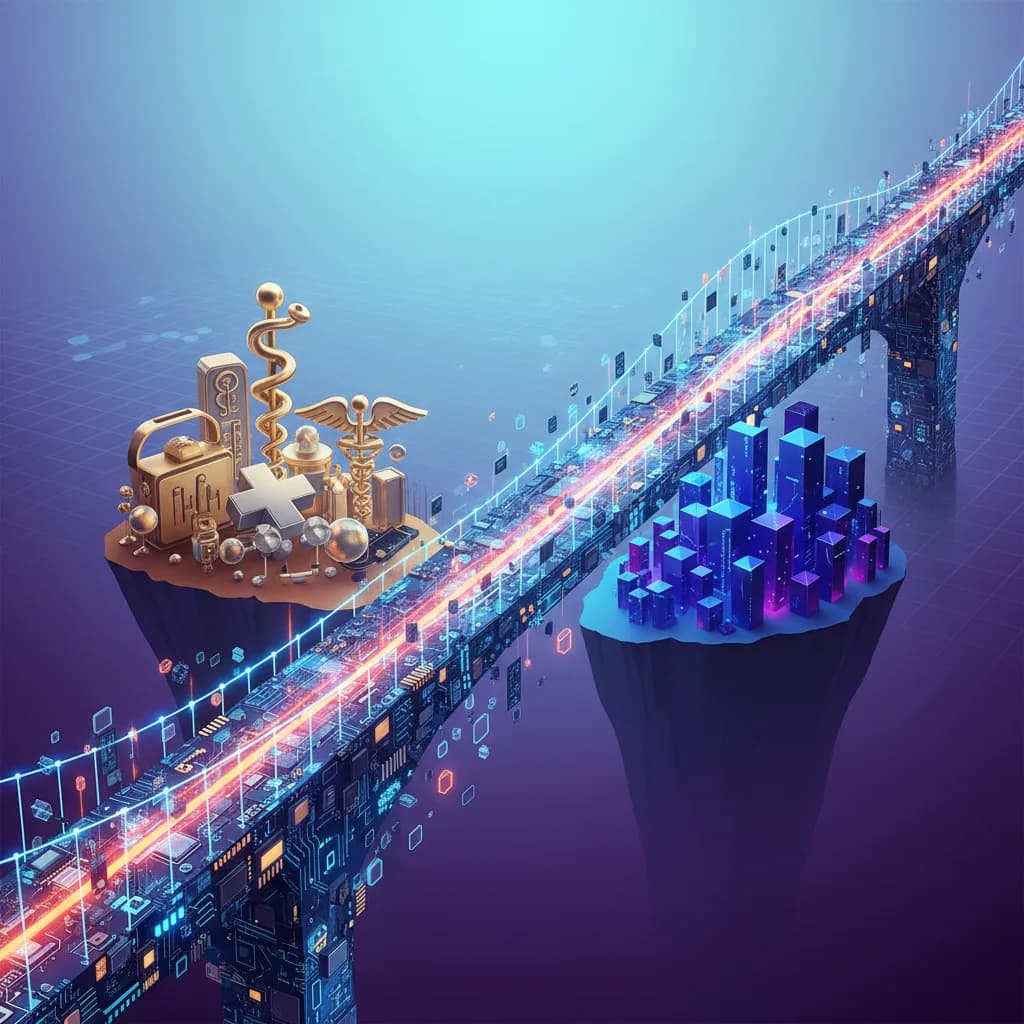 Ilustración conceptual de puente digital conectando medicina tradicional con inteligencia artificial