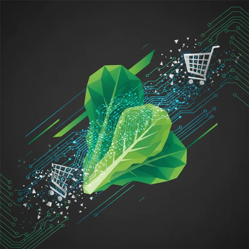 Ilustración abstracta de IA aplicada al sector retail con elementos geométricos de verduras y circuitos digitales