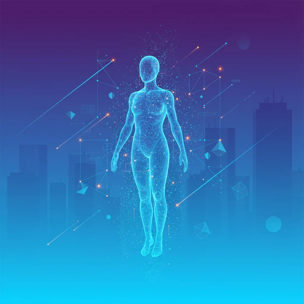 Ilustración editorial de figura holográfica digital emergiendo de flujos de datos representando IA empresarial