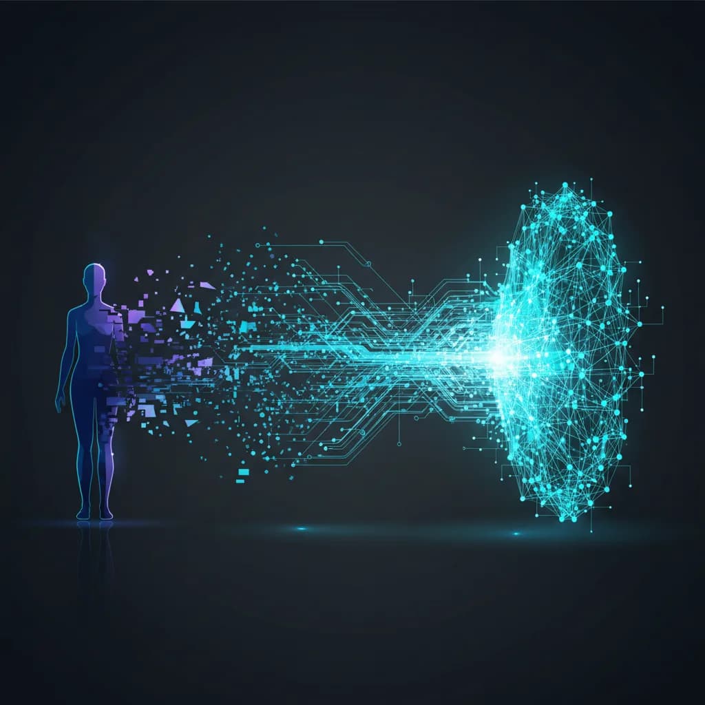 Ilustración abstracta sobre despidos y inversión en IA de Meta con figuras digitales y redes neuronales