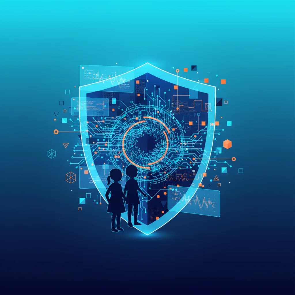 Ilustración editorial de IA detectando menores en redes sociales con escudo digital protector y patrones neurales