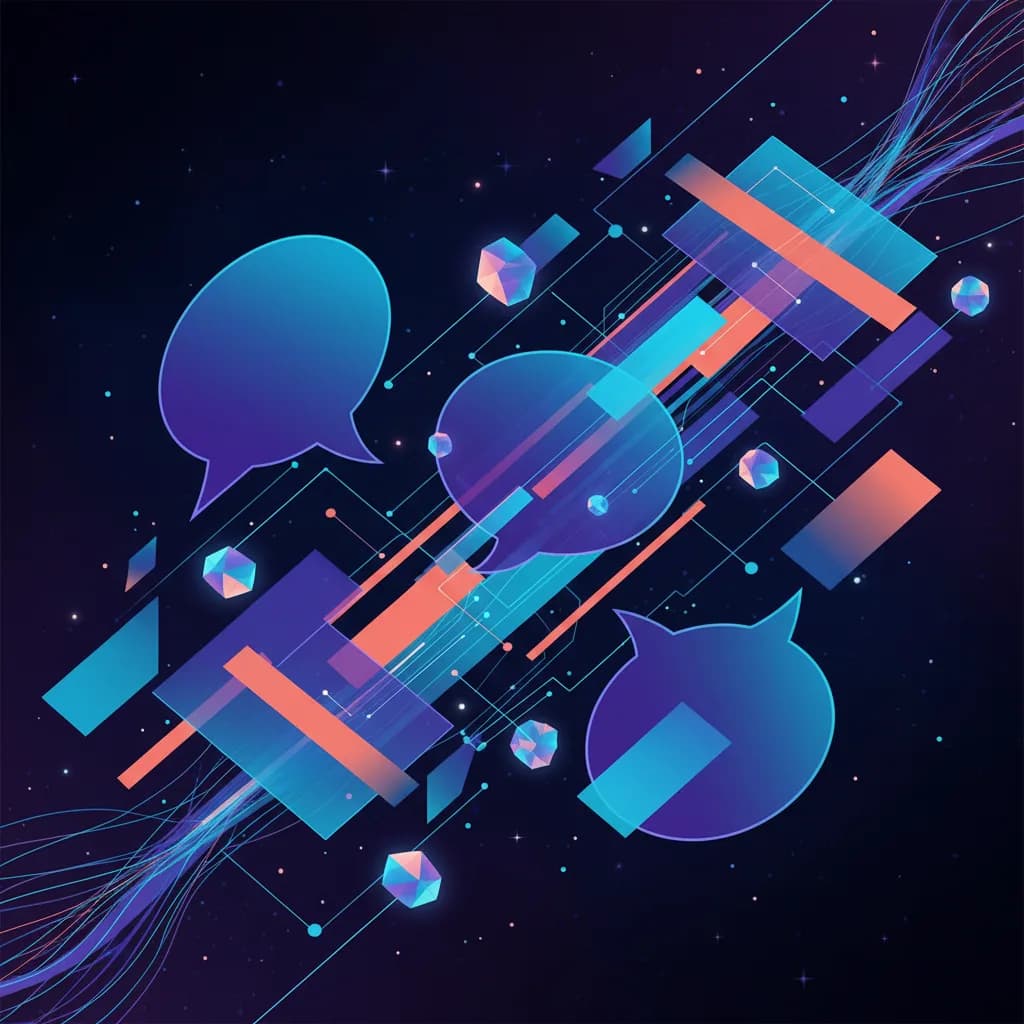 Ilustración abstracta de hilos digitales conectados con IA, representando integración tecnológica en redes sociales
