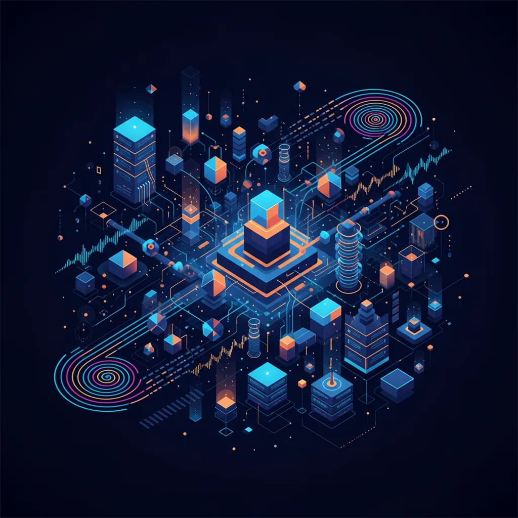 Ilustración abstracta de agentes AI optimizando infraestructura tecnológica con nodos interconectados y flujos de datos