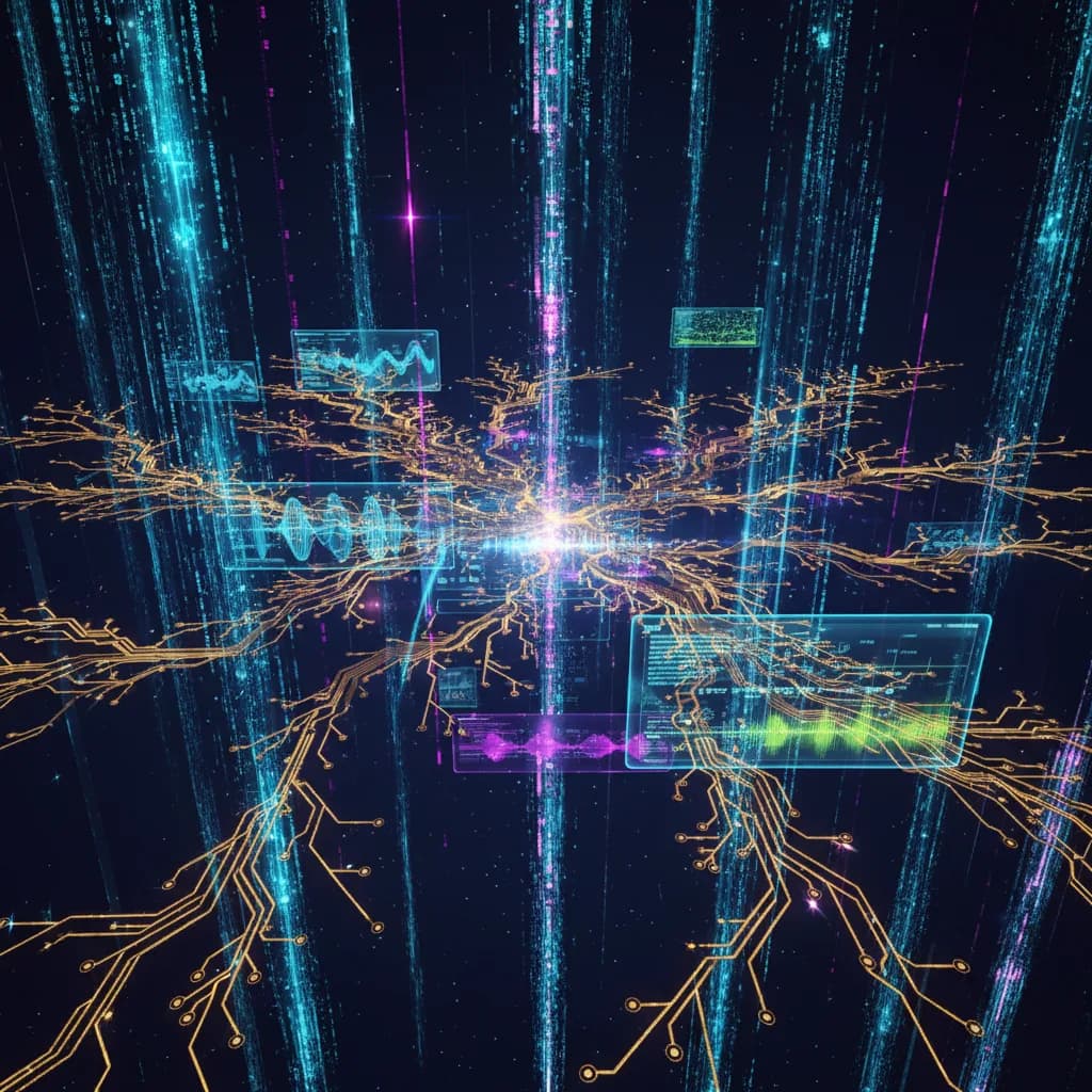 Ilustración abstracta de flujos de datos digitales y pantallas holográficas representando la producción masiva de contenido