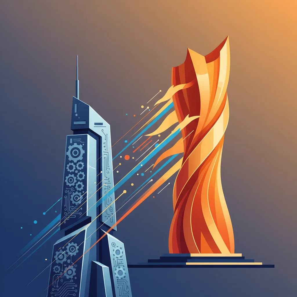 Ilustración conceptual de torres arquitectónicas representando la transformación tecnológica x86 a ARM