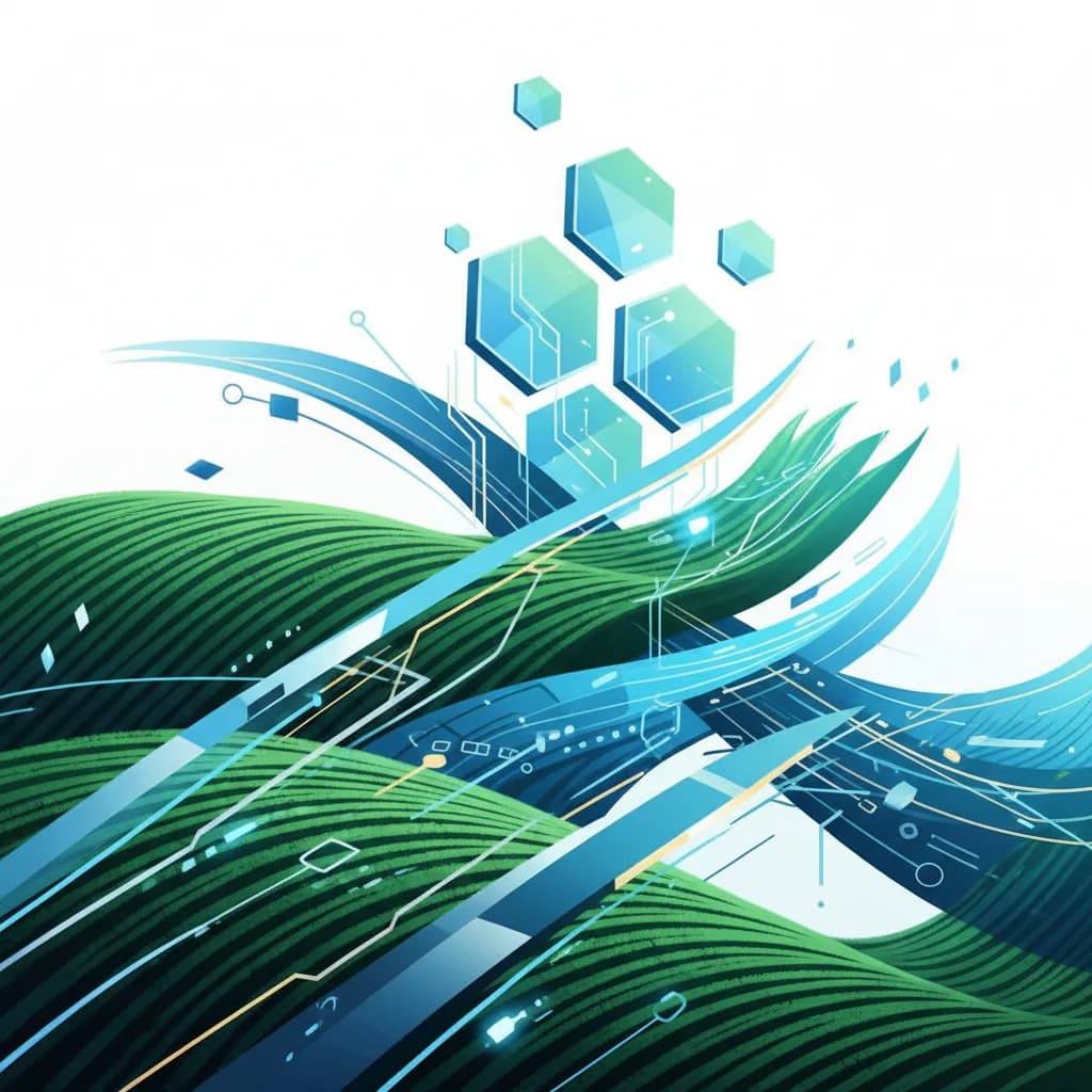 Ilustración abstracta de agricultura digital con patrones geométricos y flujos de datos en verde y azul