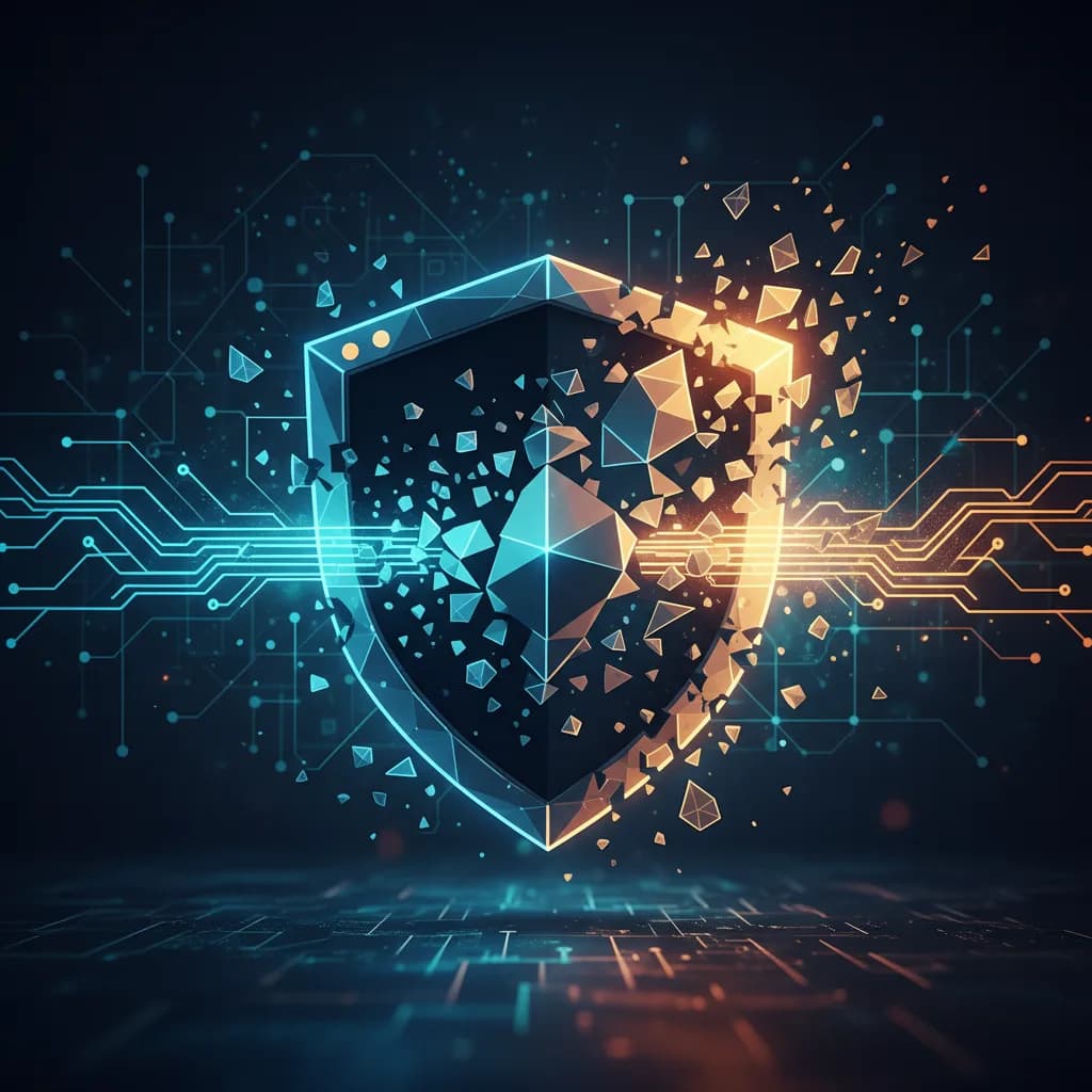 Ilustración abstracta mostrando transformación de ciberseguridad con IA, escudo de navegador cristalino y redes neuronales