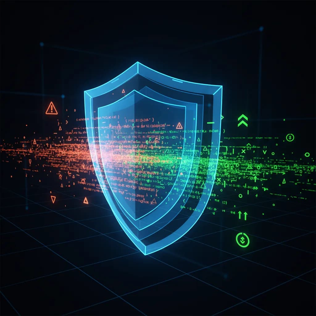 Ilustración abstracta de ciberseguridad con escudo digital y flujos de código representando detección de bugs por IA