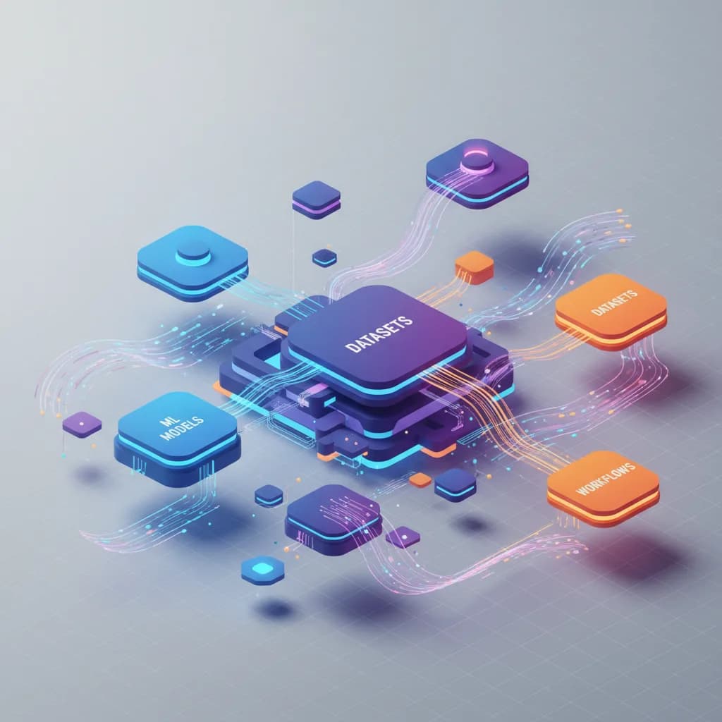 Ilustración abstracta de red de nodos interconectados representando arquitectura de machine learning empresarial