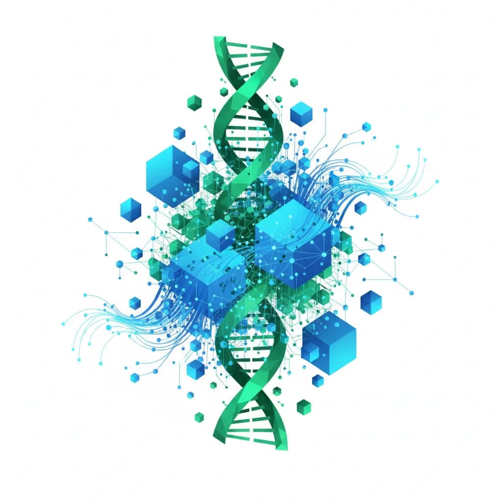 Ilustración abstracta de estructuras moleculares transformándose en redes neuronales digitales para IA médica