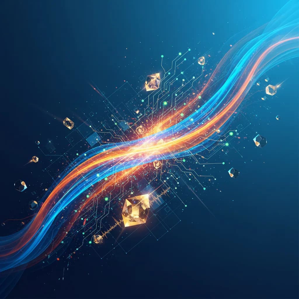 Ilustración abstracta de IA y energía con ondas azules y patrones de circuitos representando innovación tecnológica