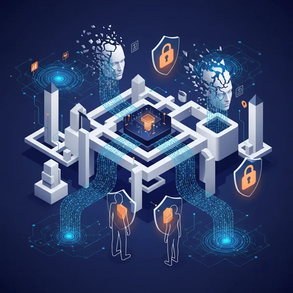 Ilustración editorial abstracta sobre privacidad de datos y IA mostrando perfiles digitales fragmentados y redes