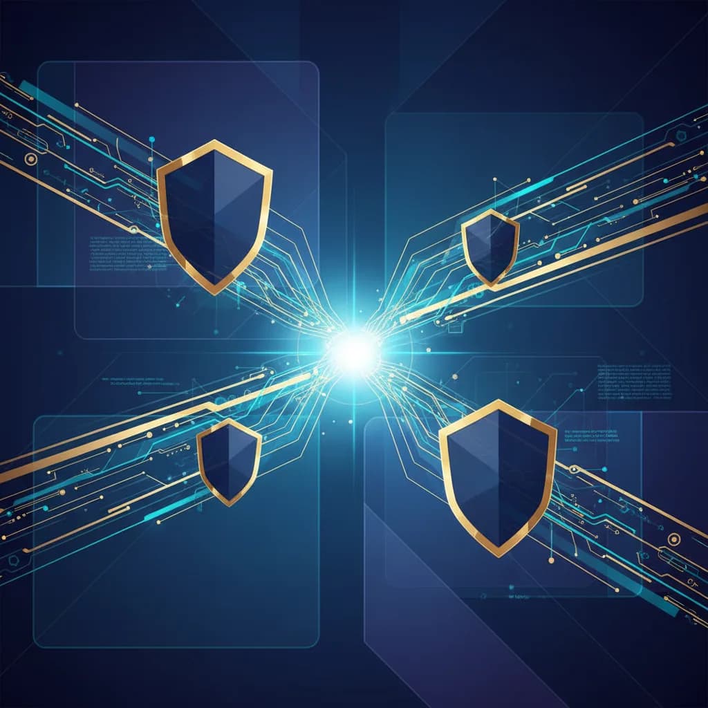 Ilustración abstracta de seguridad en código con flujos de datos y formas geométricas protectoras en azul y dorado