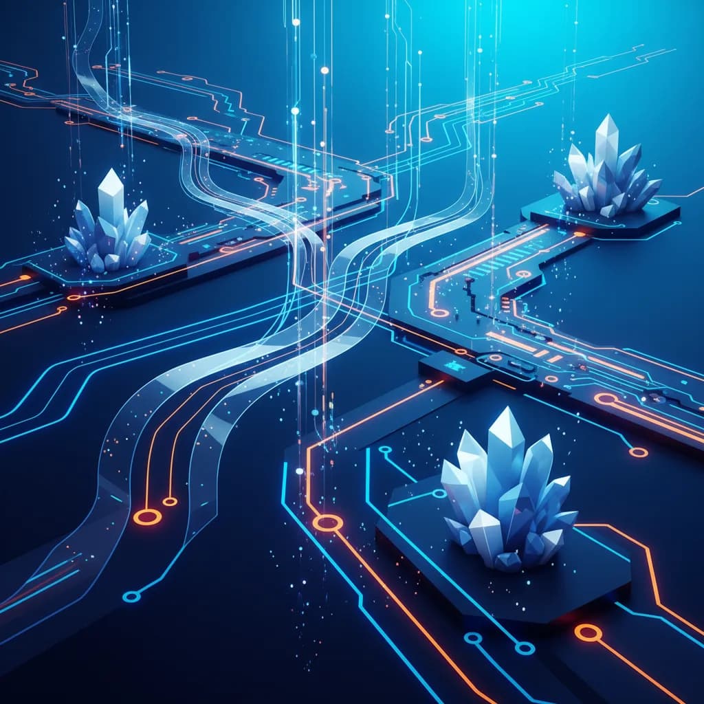 Ilustración abstracta de IA transformando flujos de trabajo empresariales con patrones neuronales geométricos