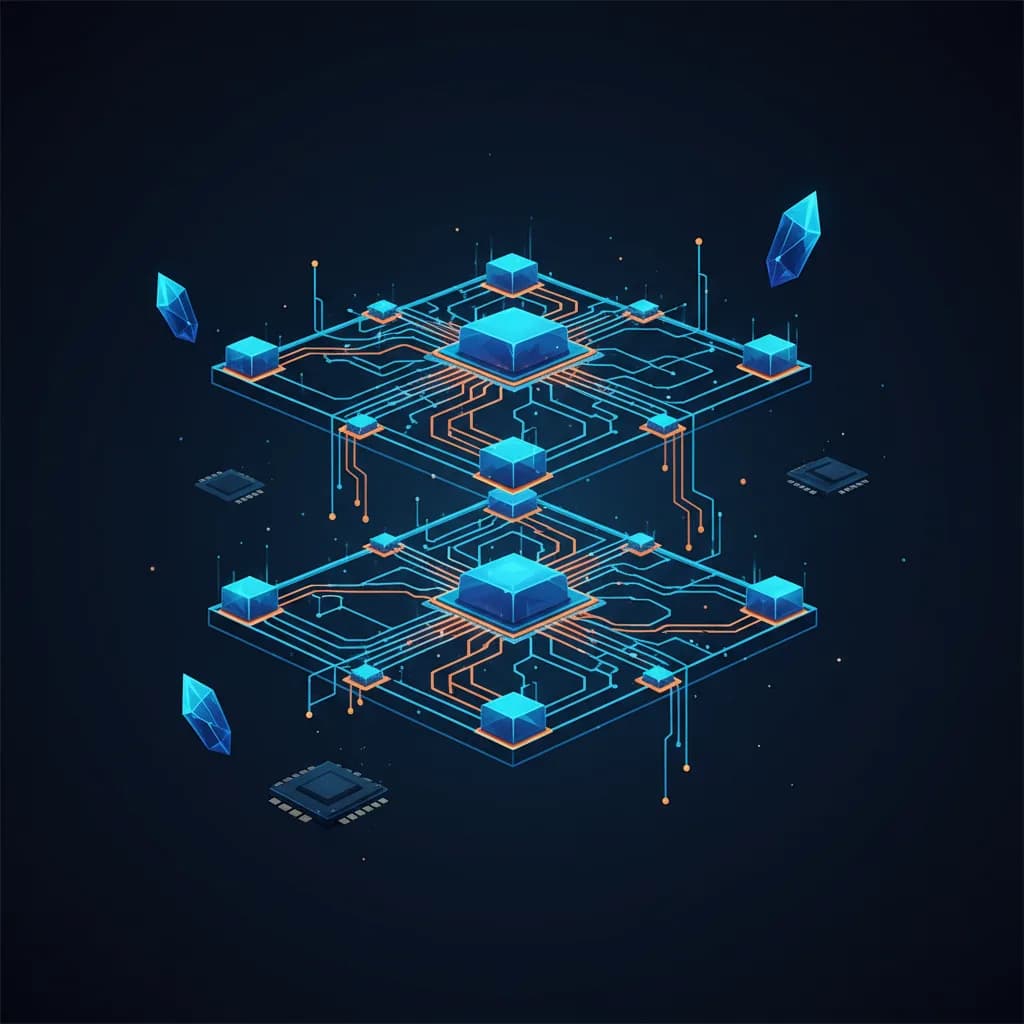 Ilustración abstracta de arquitectura de red simplificada con GPUs interconectadas para artículo sobre MRC de OpenAI