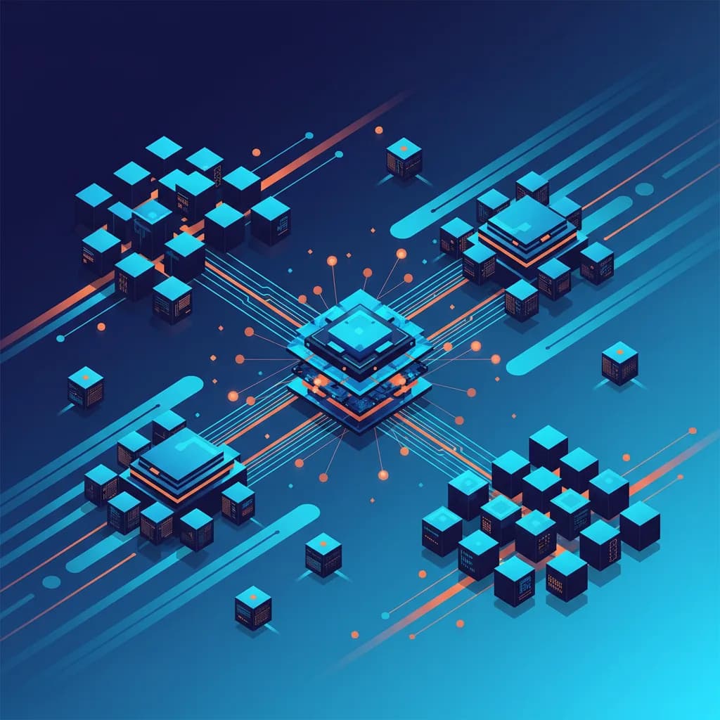 Ilustración abstracta de redes interconectadas con nodos geométricos representando infraestructura GPU simplificada