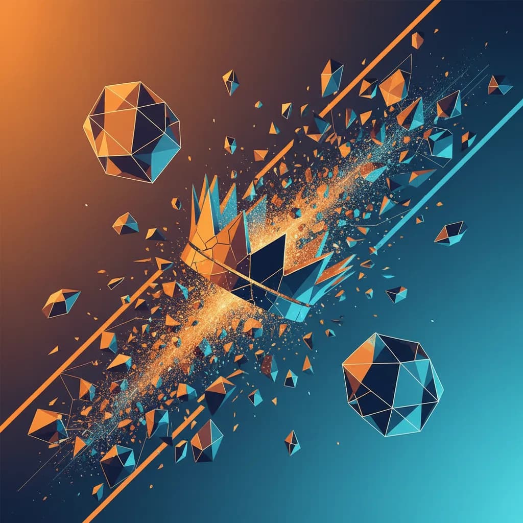 Ilustración abstracta sobre crisis de liderazgo en OpenAI con formas geométricas fragmentadas en colores vibrantes