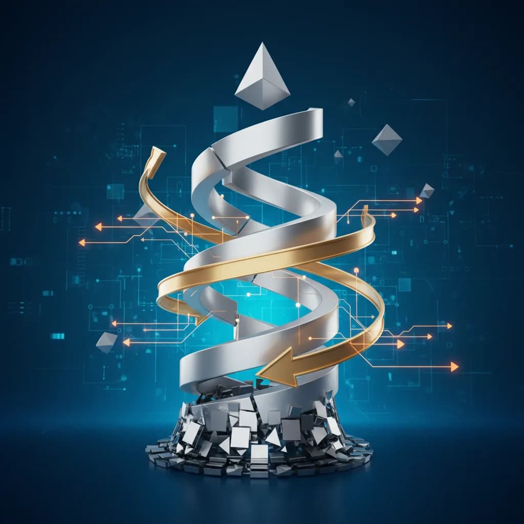 Ilustración conceptual de espiral metálica ascendente con flechas doradas representando eficiencia en IA empresarial
