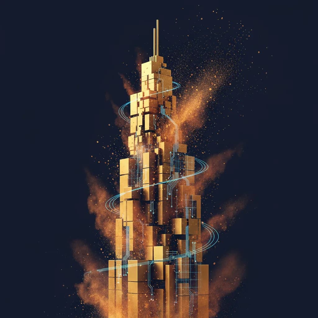 Ilustración conceptual de estructura tecnológica dorada desintegrándose sobre fondo azul oscuro