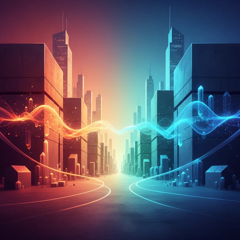 Ilustración conceptual de tecnología PhotoKrete mostrando estructuras de hormigón con gradientes de temperatura