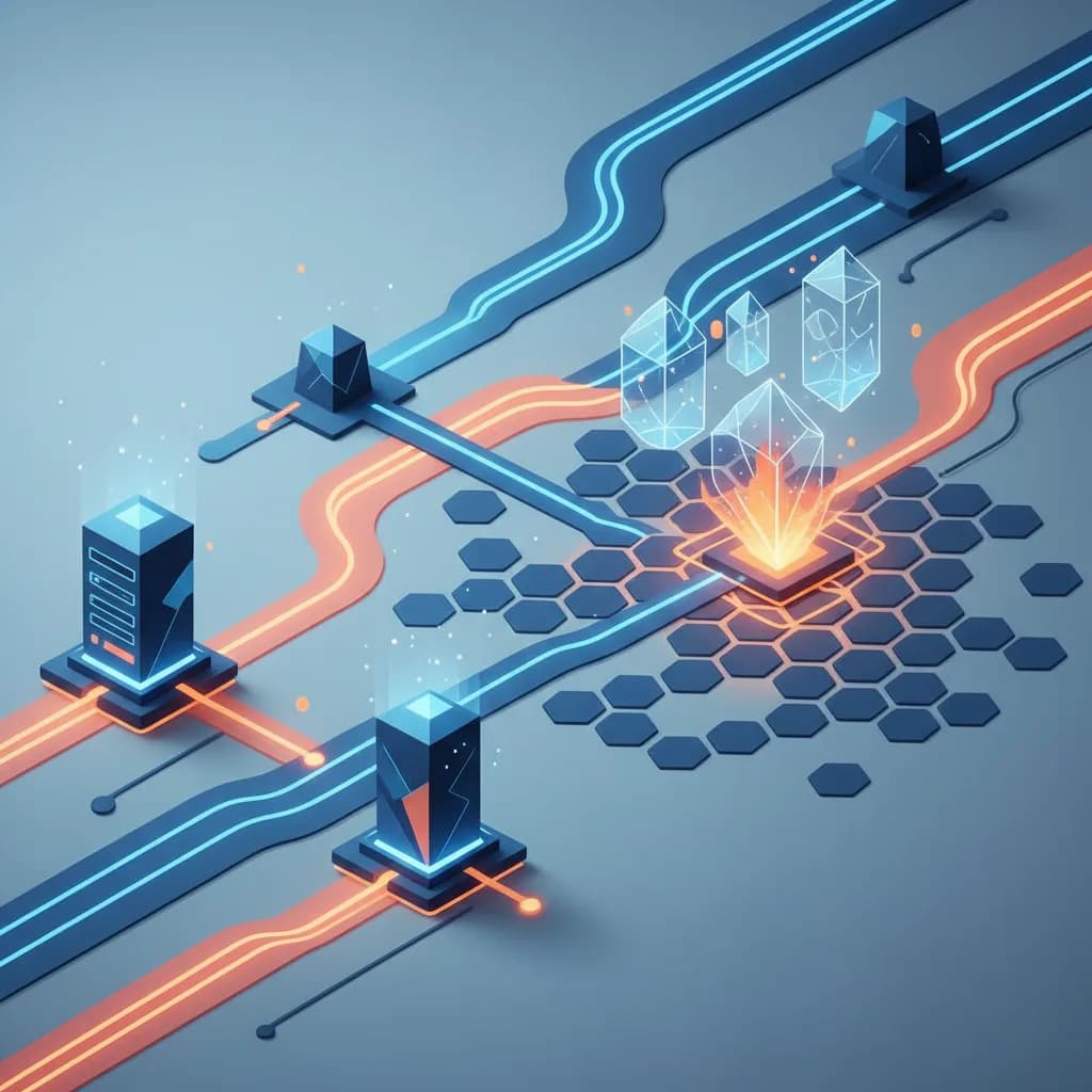 Ilustración abstracta de fábricas de IA flexibles conectadas a la red eléctrica global con flujos de energía