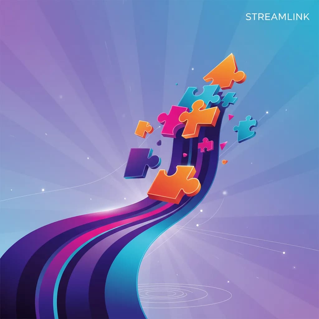 Ilustración conceptual de transformación digital con elementos geométricos flotantes en colores vibrantes